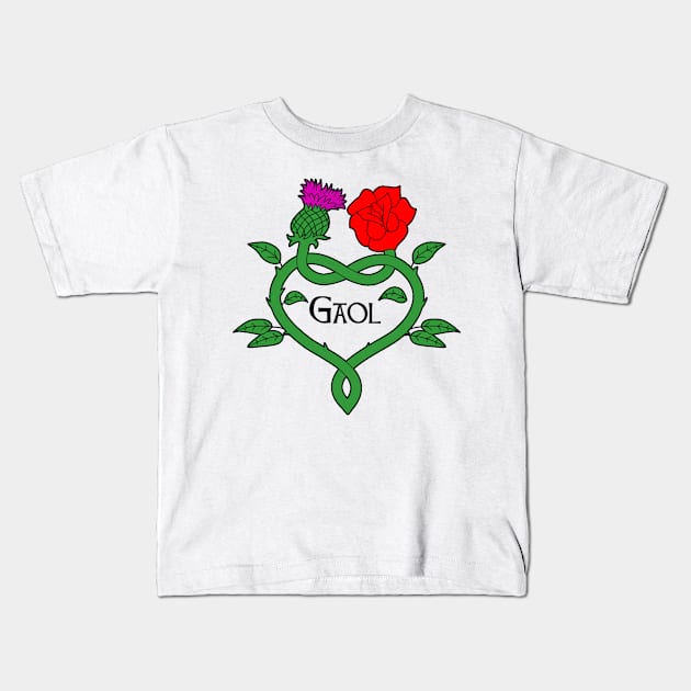 Celtic knotwork stems with red rose, thistle and gaol (love) Kids T-Shirt by Kyttsy Krafts